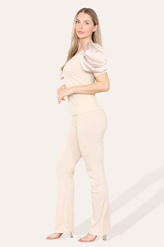Silky Satin Puff Sleeves Ribbed Lounge Set – General at AWSMshop.ai