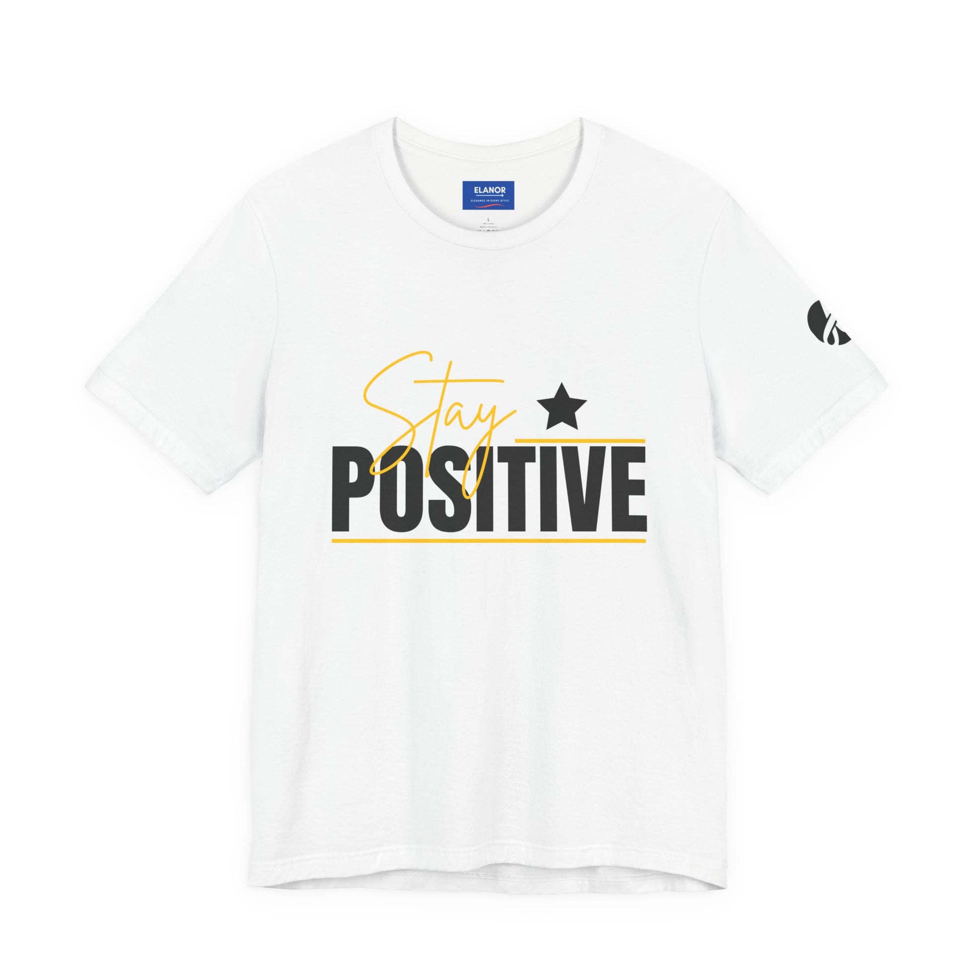 White t-shirt with 'Stay Positive' text on a white background