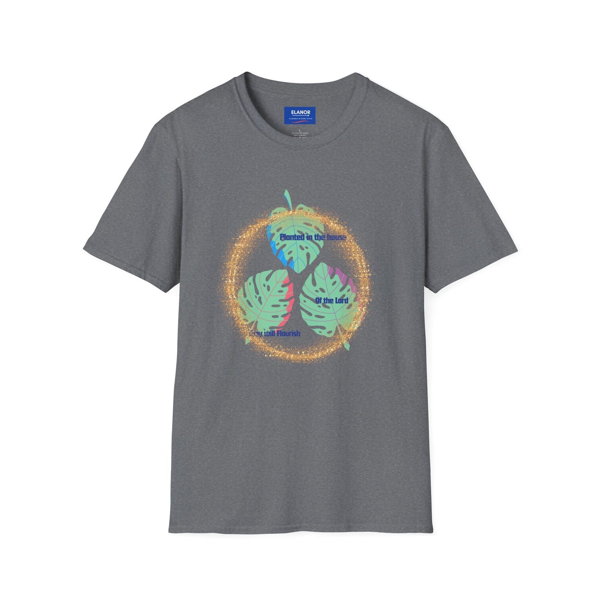 Gray t-shirt with colorful leaf design and 'Elton John' logo on a white background