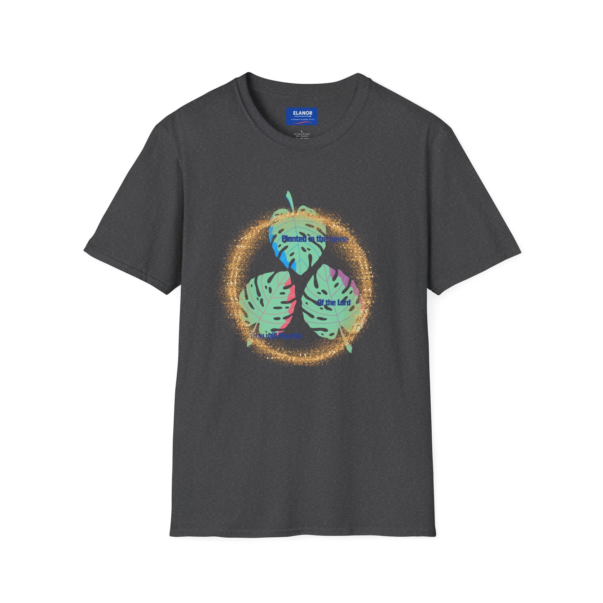 Black-Graphite Heather t-shirt with colorful leaf design on a white background