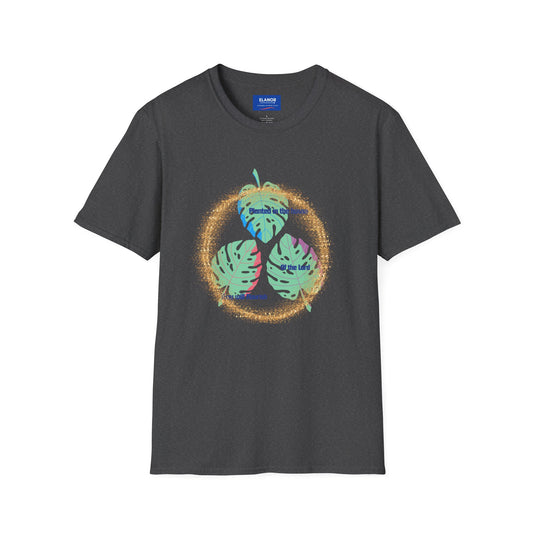 Black-Graphite Heather t-shirt with colorful leaf design on a white background