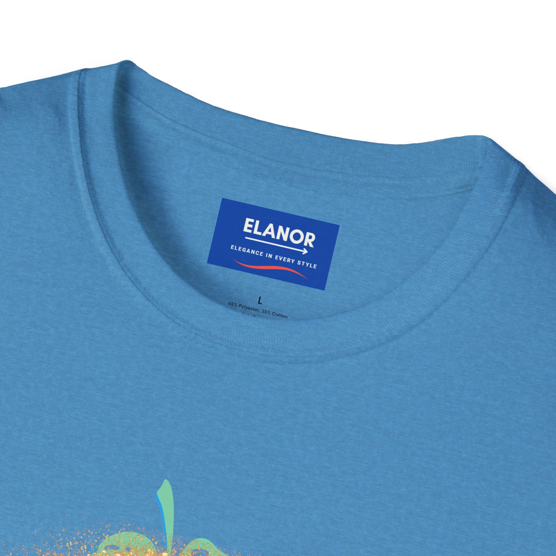 Blue t-shirt with 'ELANOR' label on a white background