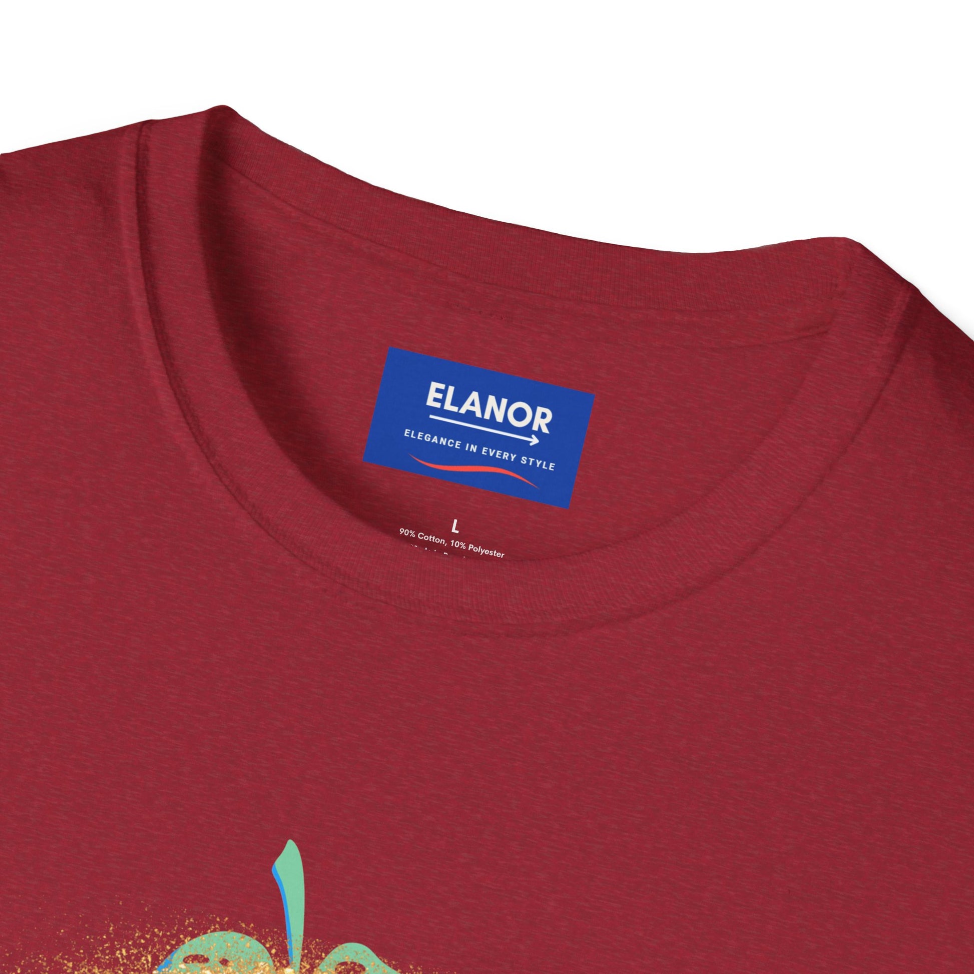 Red t-shirt with 'ELANOR' label on a white background