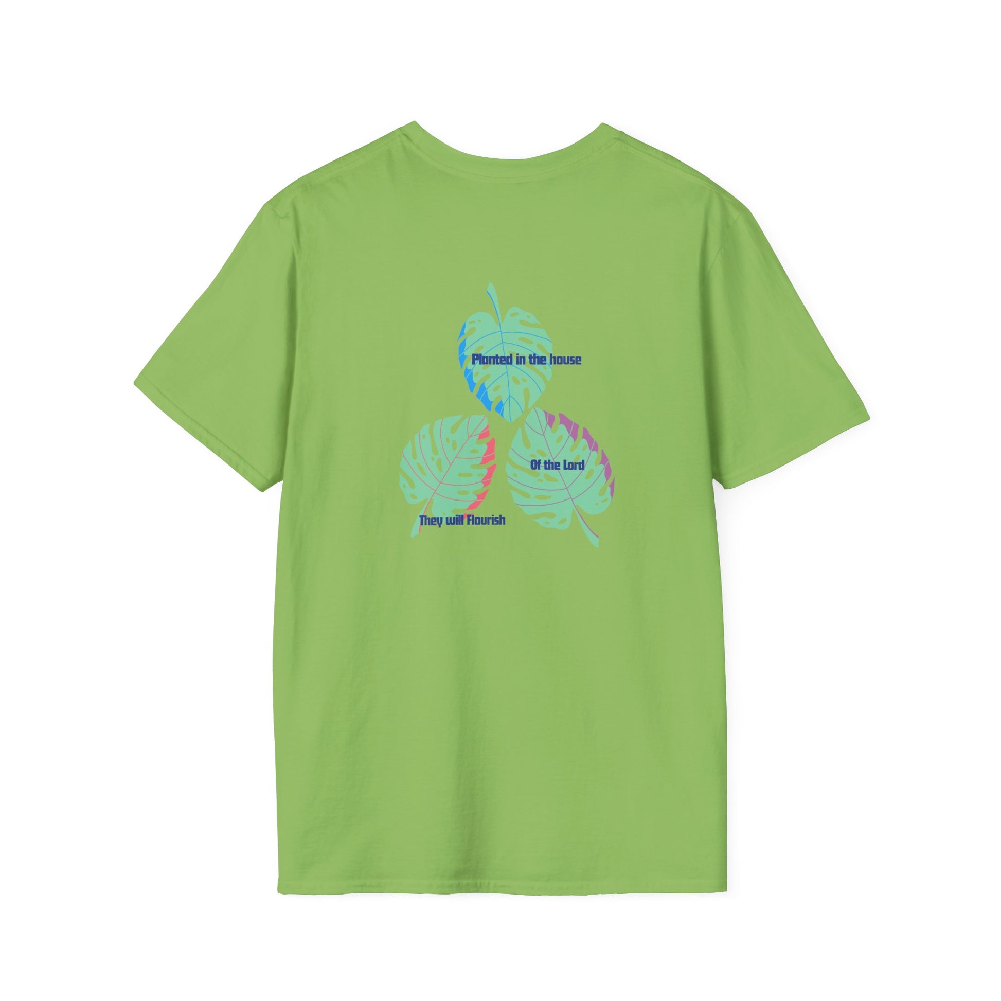 Green t-shirt with a graphic design on the back against a white background