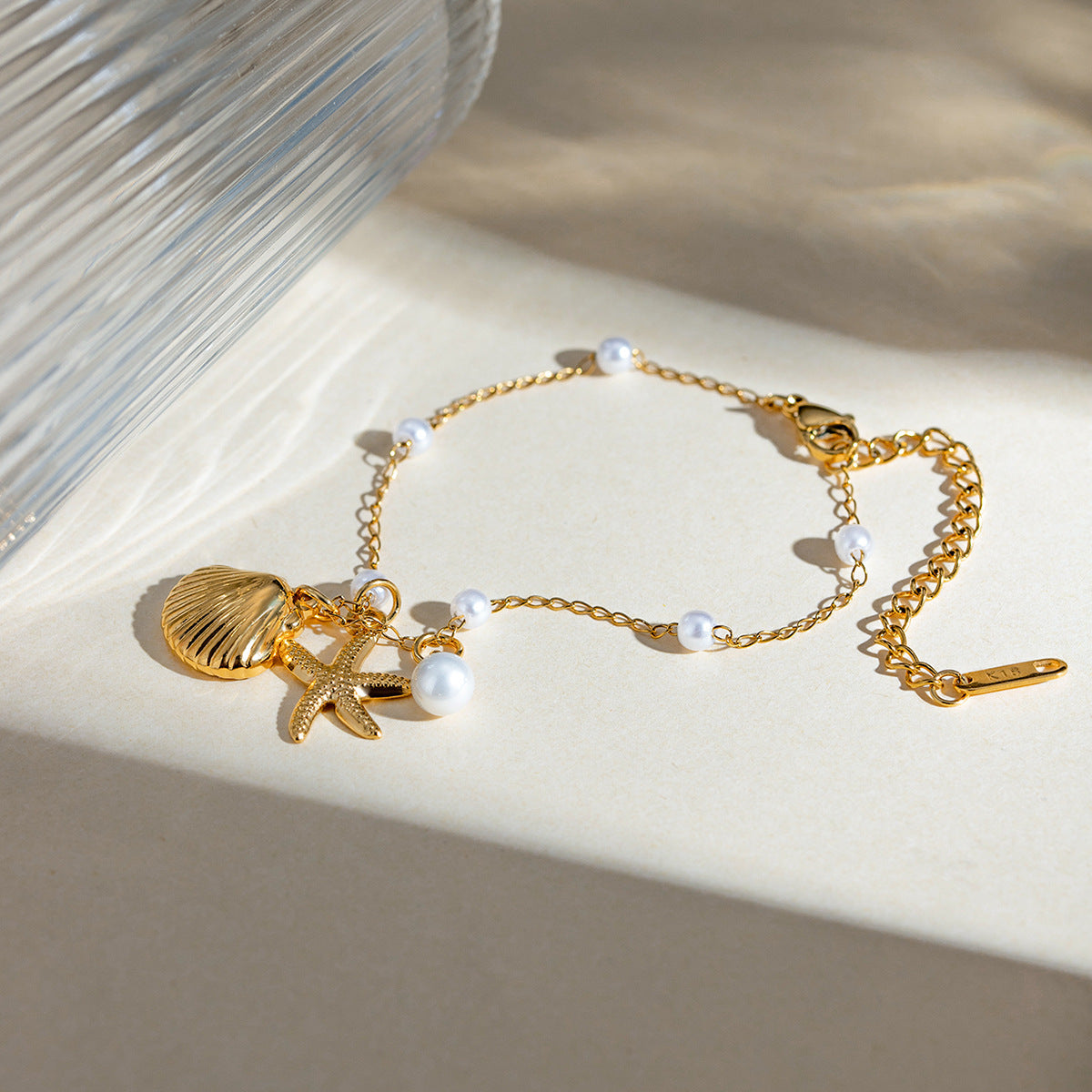 Fashion Jewelry 18K Gold Stainless Steel Pearl Chain Summer Holiday Shell Starfish Pendant Bracelet 