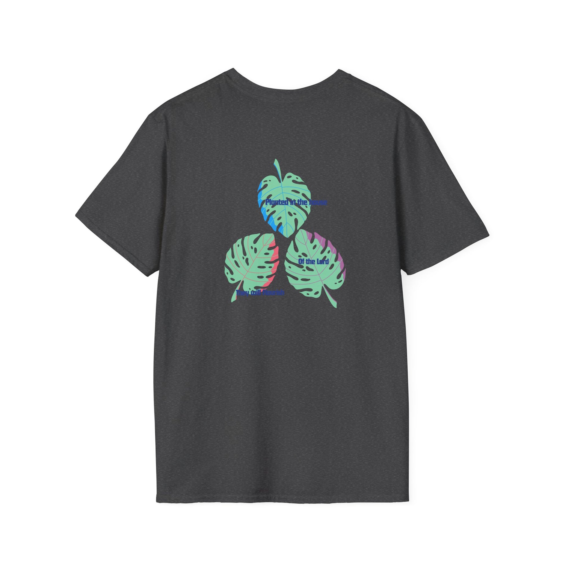 Black t-shirt with colorful leaf design on a white background