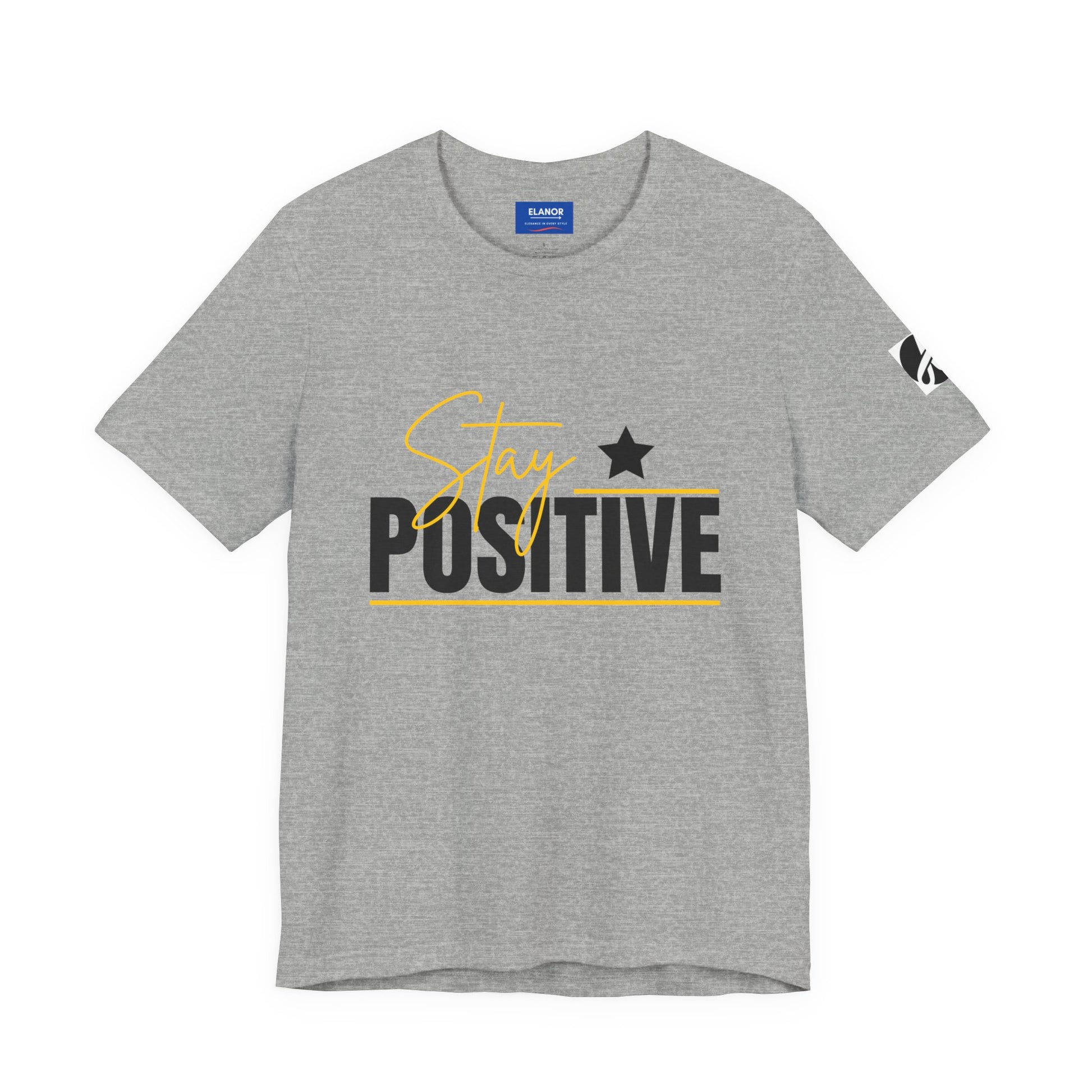 Gray t-shirt with 'Stay Positive' text on a white background