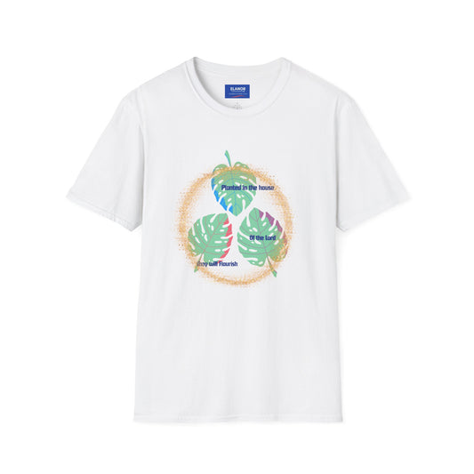 White t-shirt with colorful leaf design and text on a white background