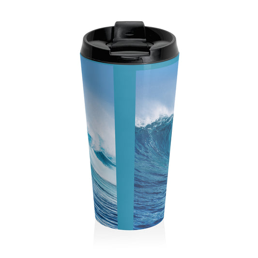 Travel mug with ocean wave design on a white background