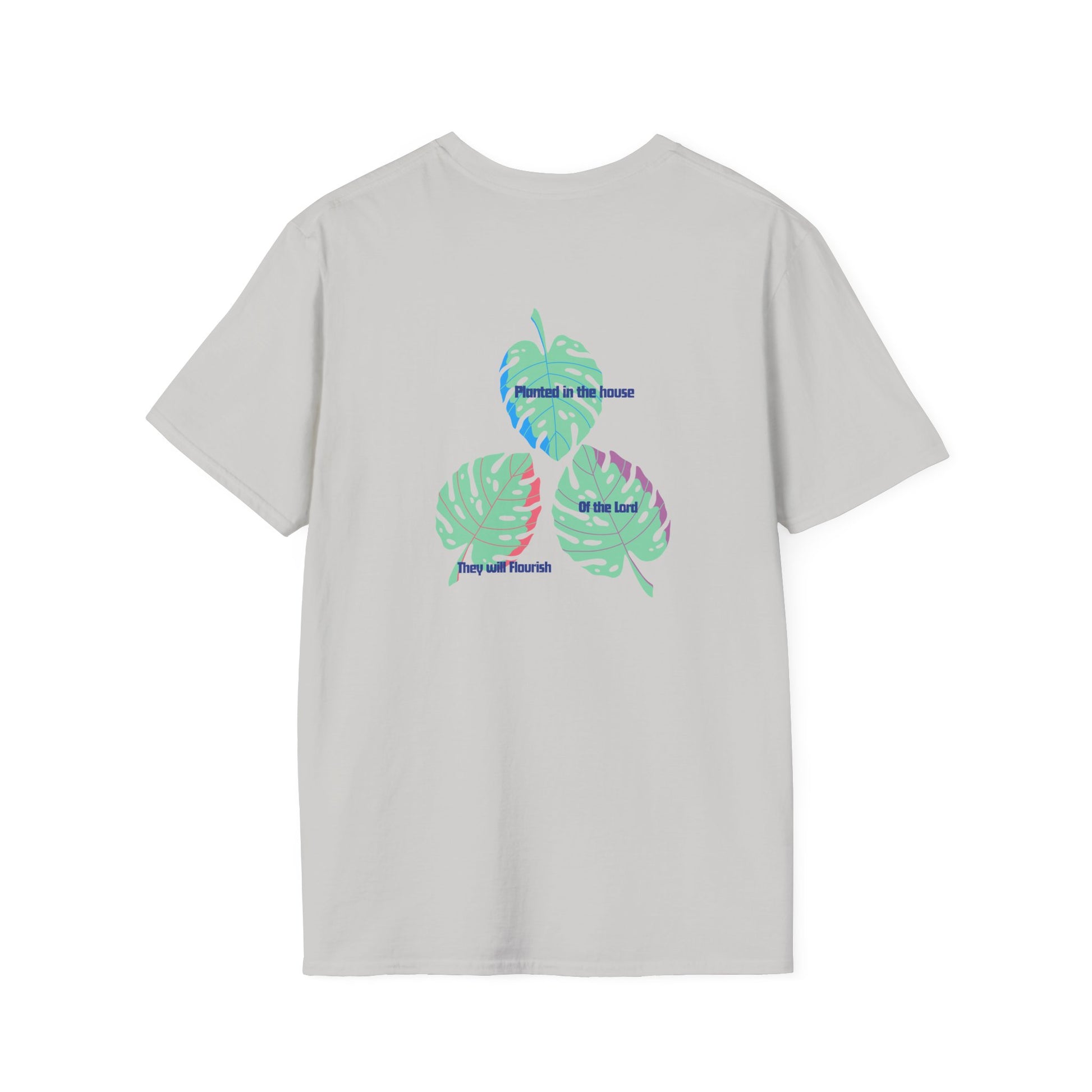 Light gray t-shirt with colorful leaf design on a white background