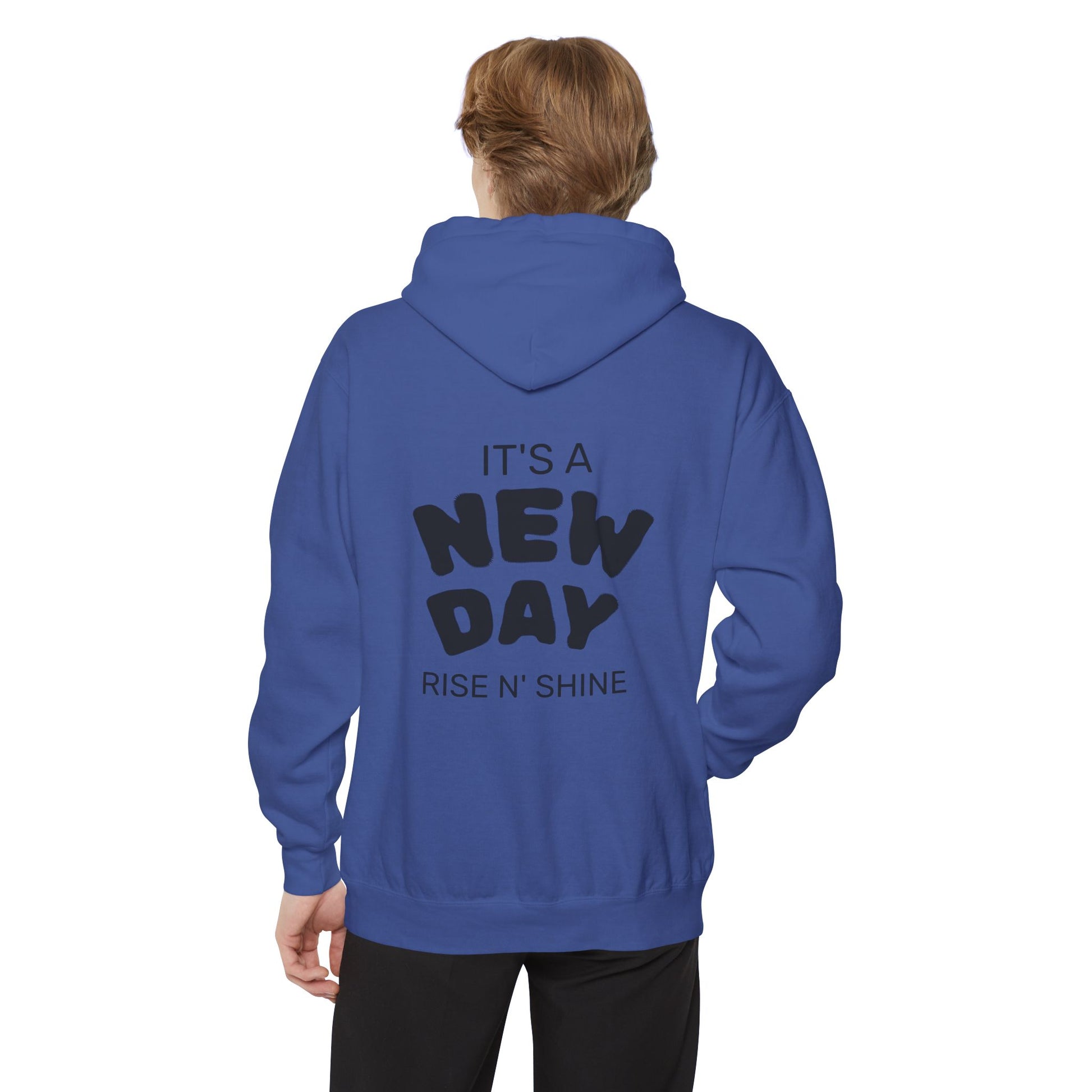 Person wearing a blue hoodie with text on the back on a white background
