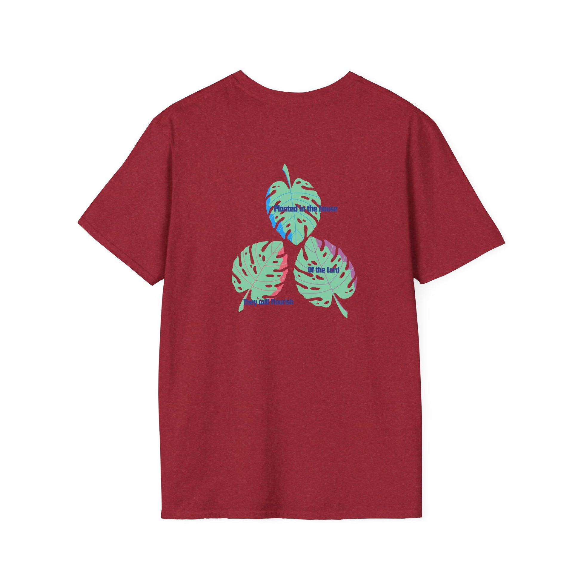Red t-shirt with colorful leaf design on the back against a white background