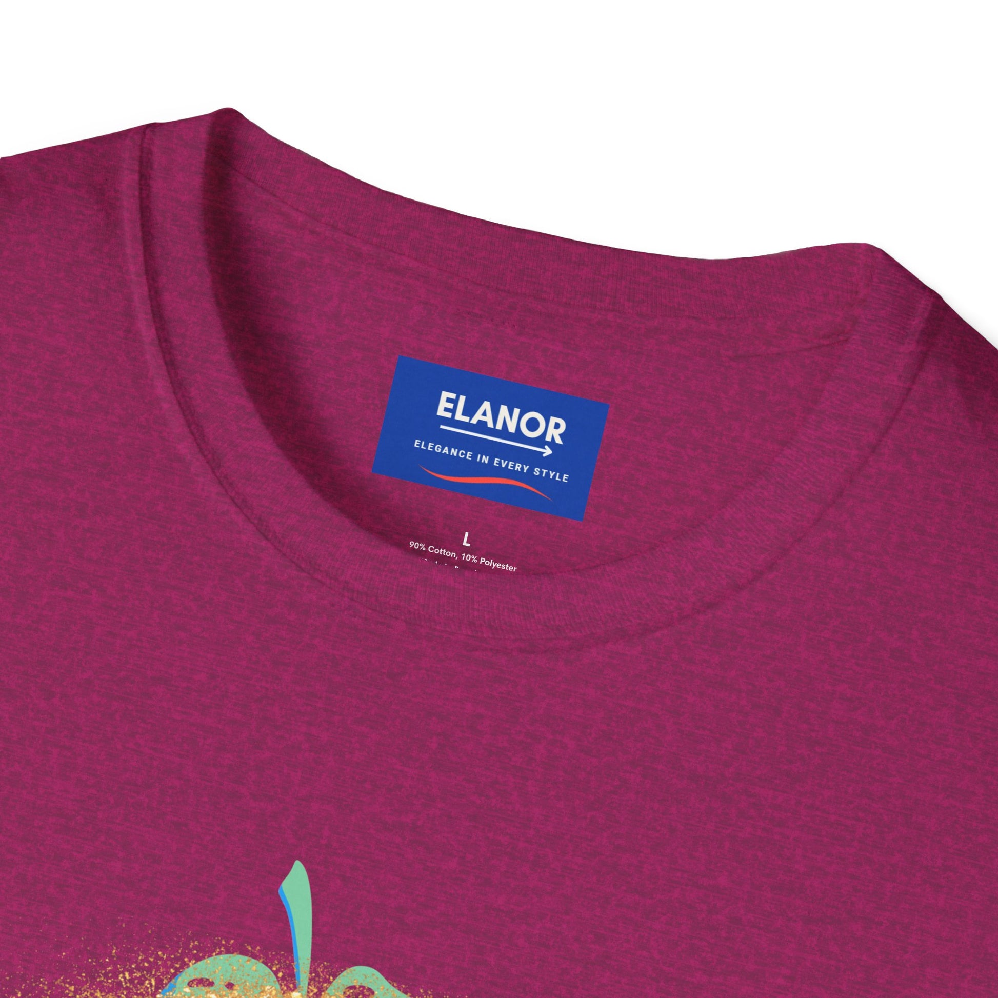 Close-up of a t-shirt with an 'Elanor' label on a white background