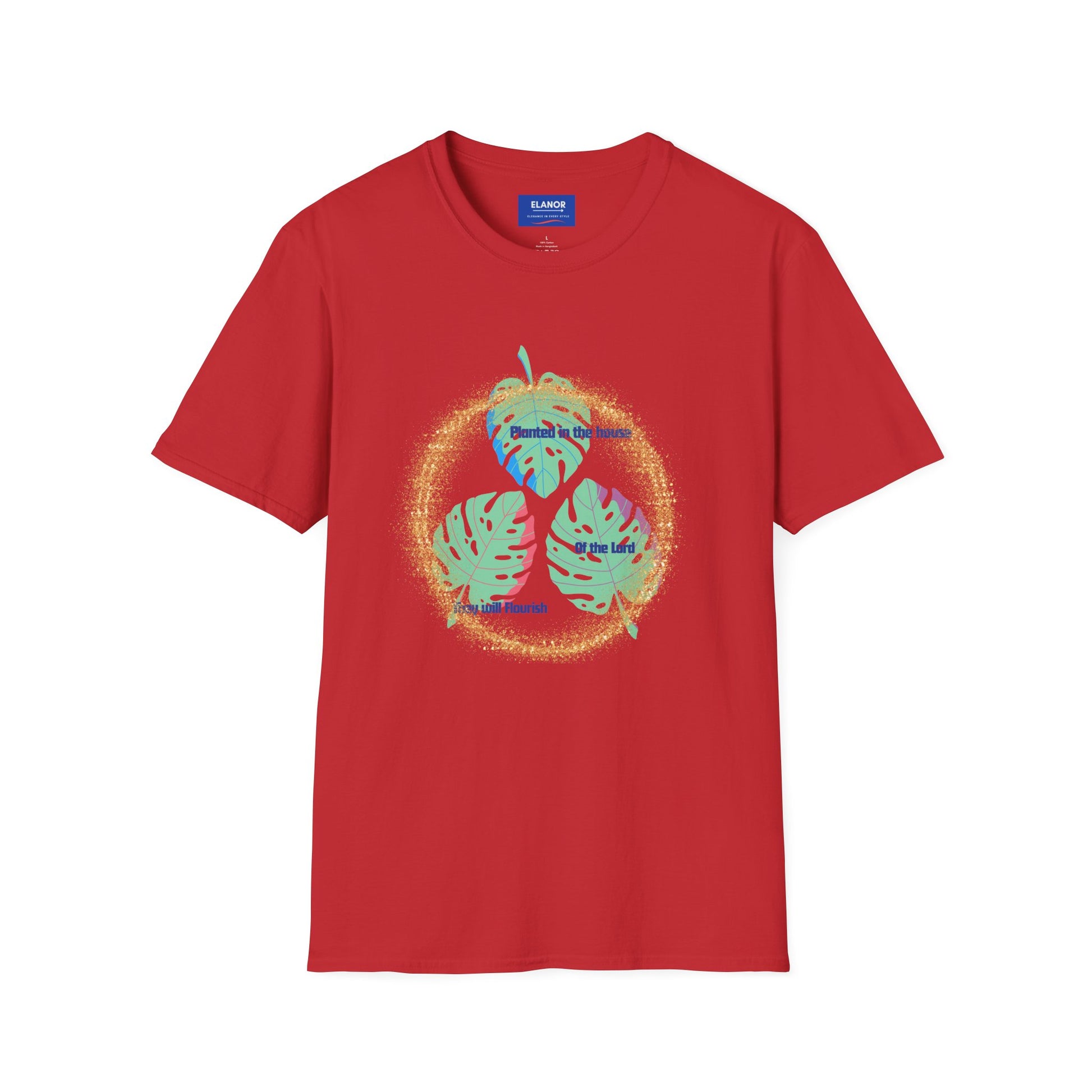 Red t-shirt with colorful graphic design on a white background
