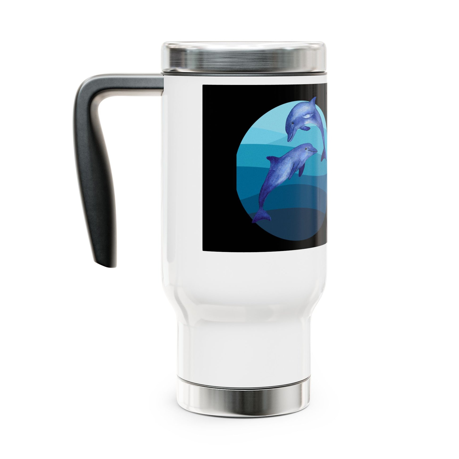 White travel mug with a black handle featuring an image of two dolphins in water on a white background.