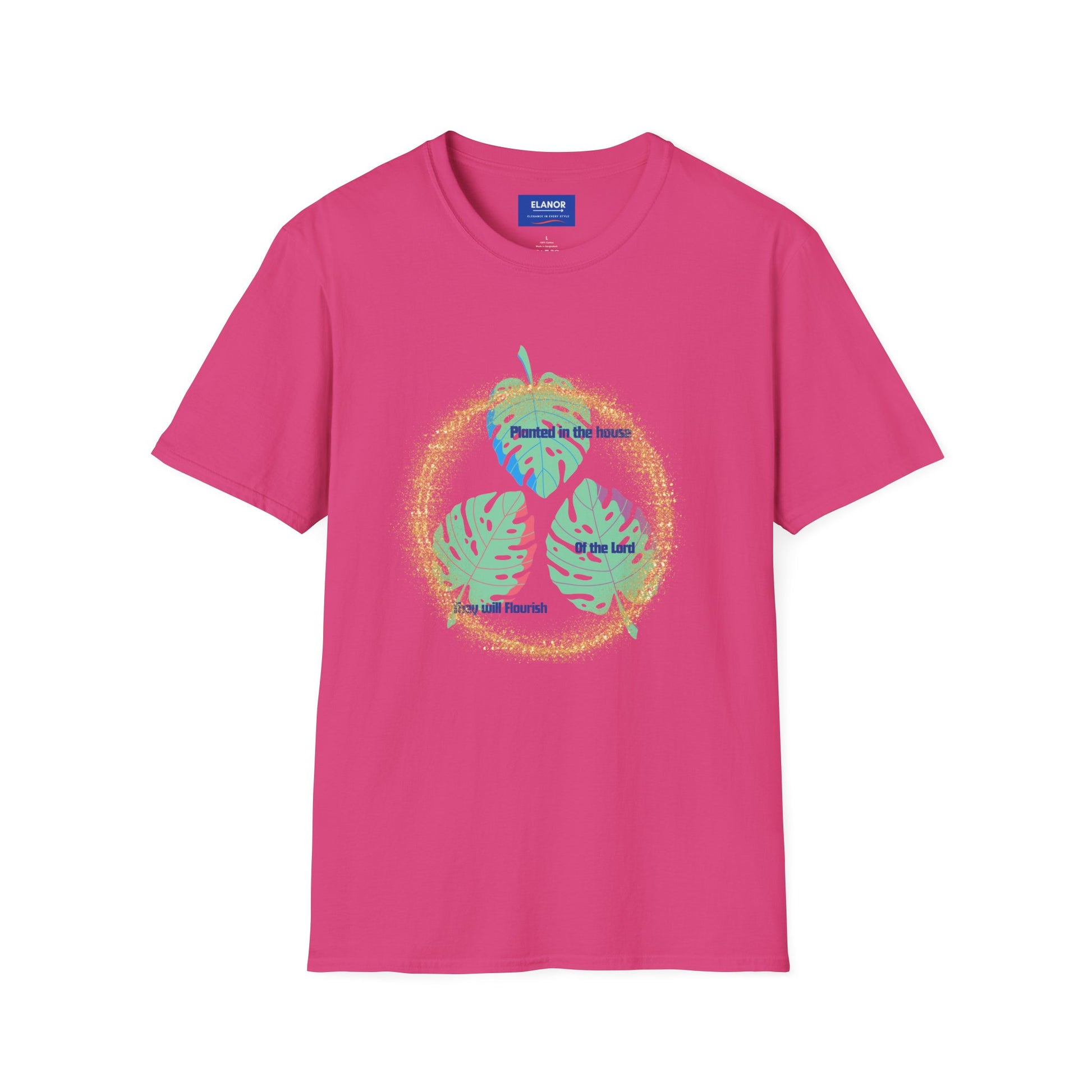 Pink t-shirt with green leaf design on a white background