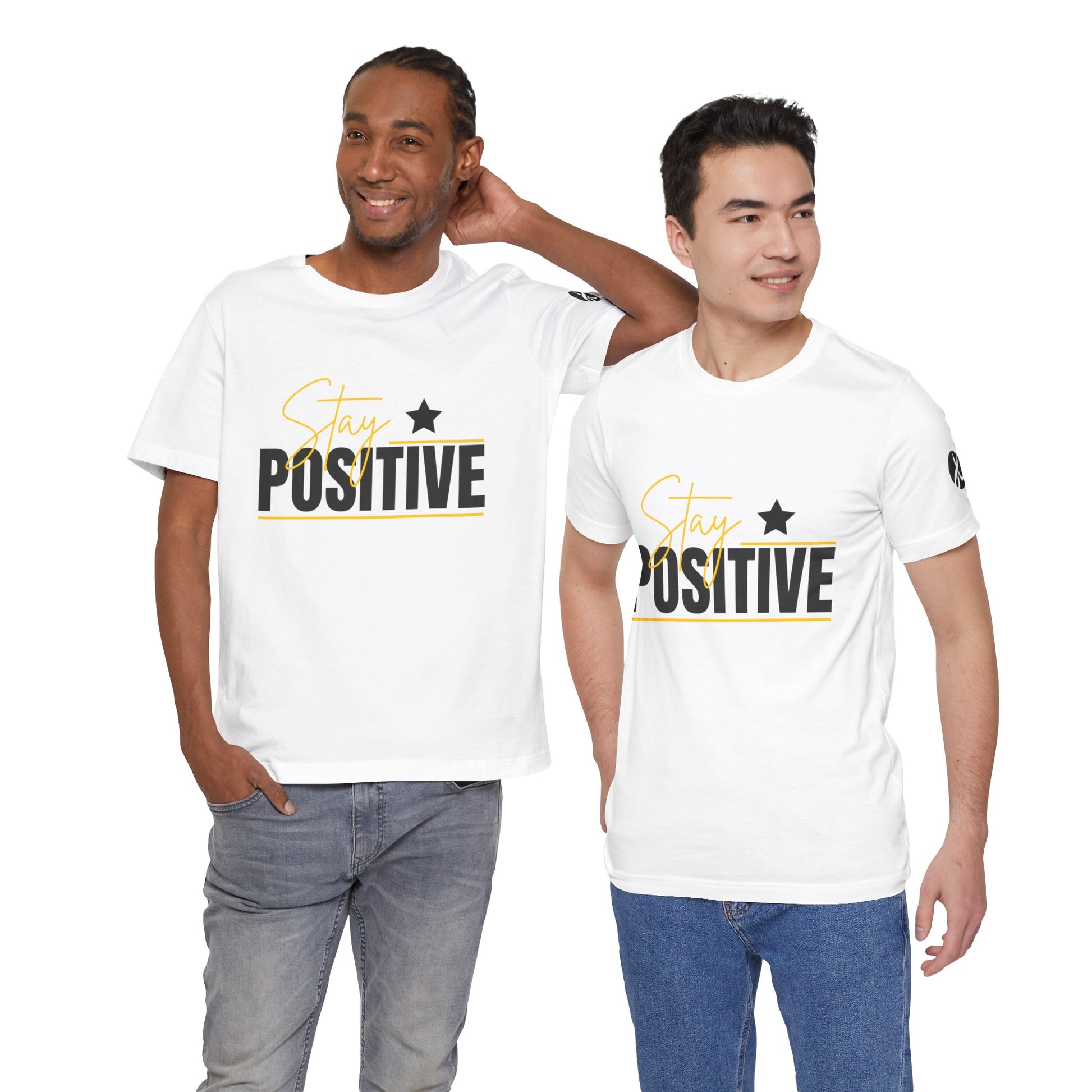 Two people wearing white t-shirts with 'Stay Positive' text on a white background