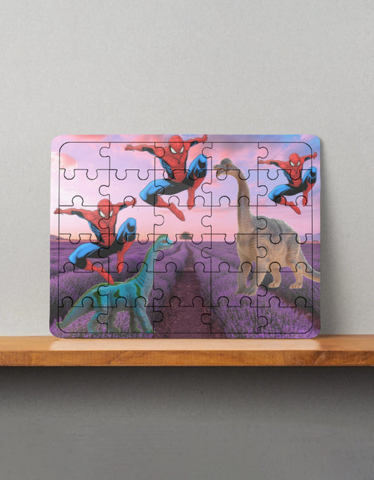 Spider-Man and dinosaur-themed puzzle on a wooden shelf with a gray background
