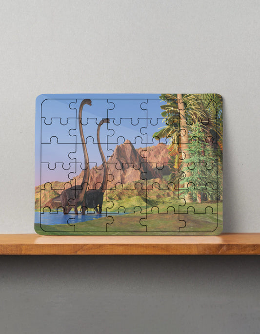 Jigsaw puzzle with a dinosaur and landscape design on a wooden shelf.