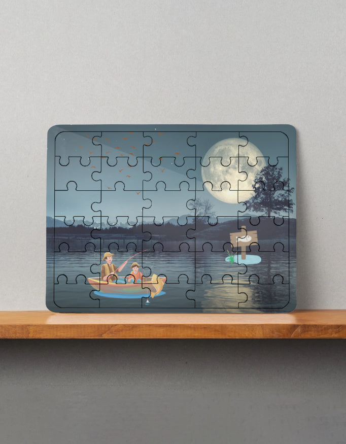 Jigsaw puzzle with a scenic design of a man and child in a boat on a lake under a full moon, displayed on a wooden shelf.