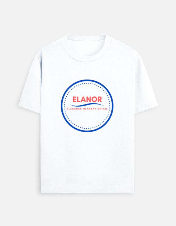 White t-shirt with 'Elanor' logo on a white background