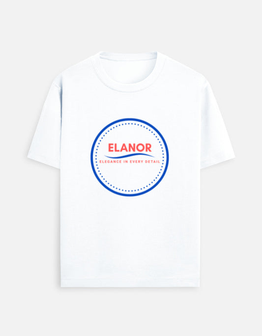White t-shirt with 'Elanor' logo on a white background