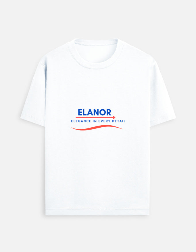 White t-shirt with 'Elanor' logo on a white background
