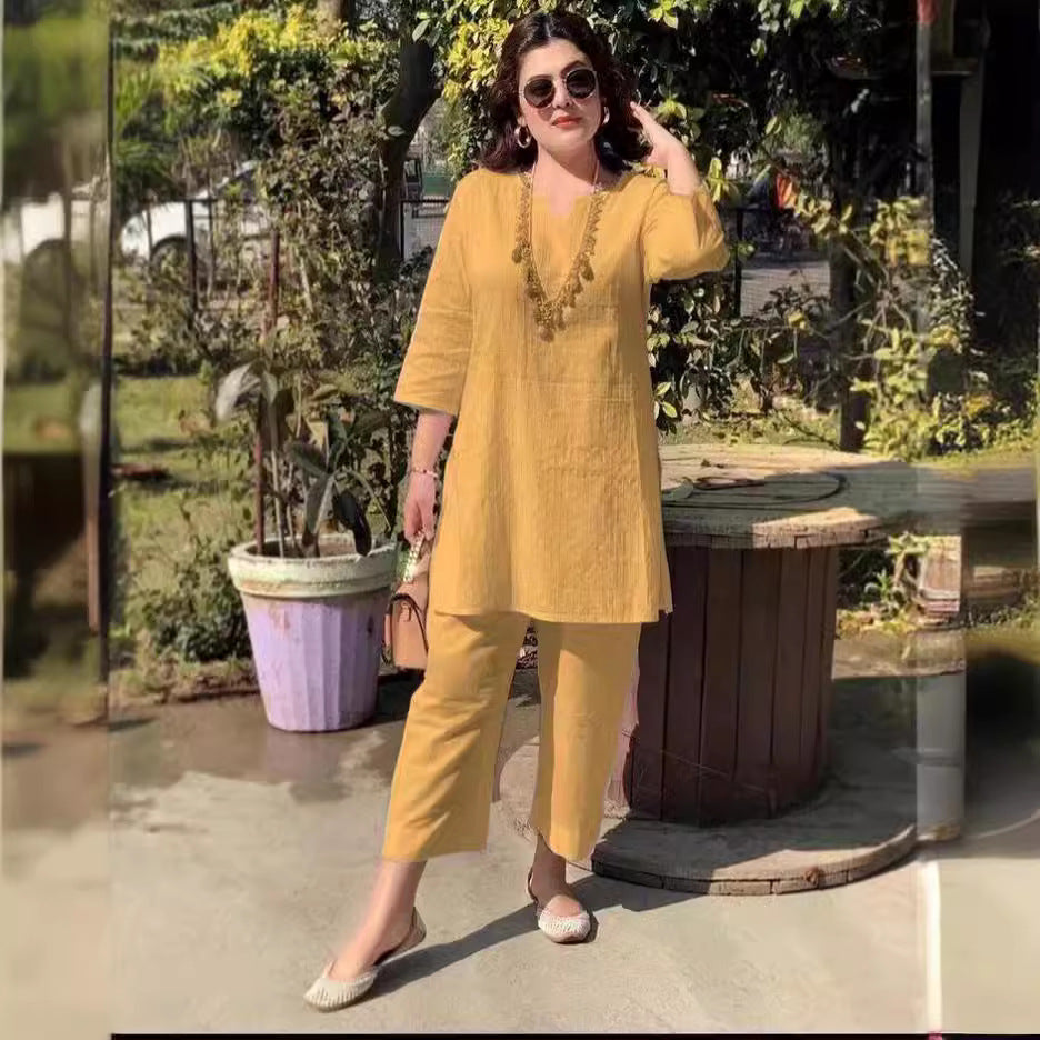 Fashion Pullover Solid Color Temperament Commute Ethnic Style Long Sleeve Clothes Two-piece Suit – S