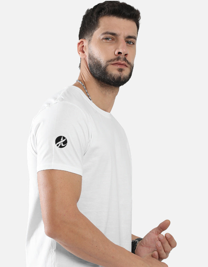 Man wearing a white t-shirt with a black logo on a white background