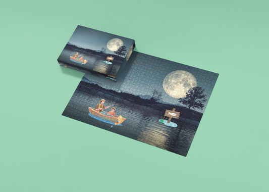 Greeting card with a moonlit scene of people on a lake on a green background