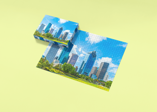 Two puzzle pieces with a cityscape design on a light green background