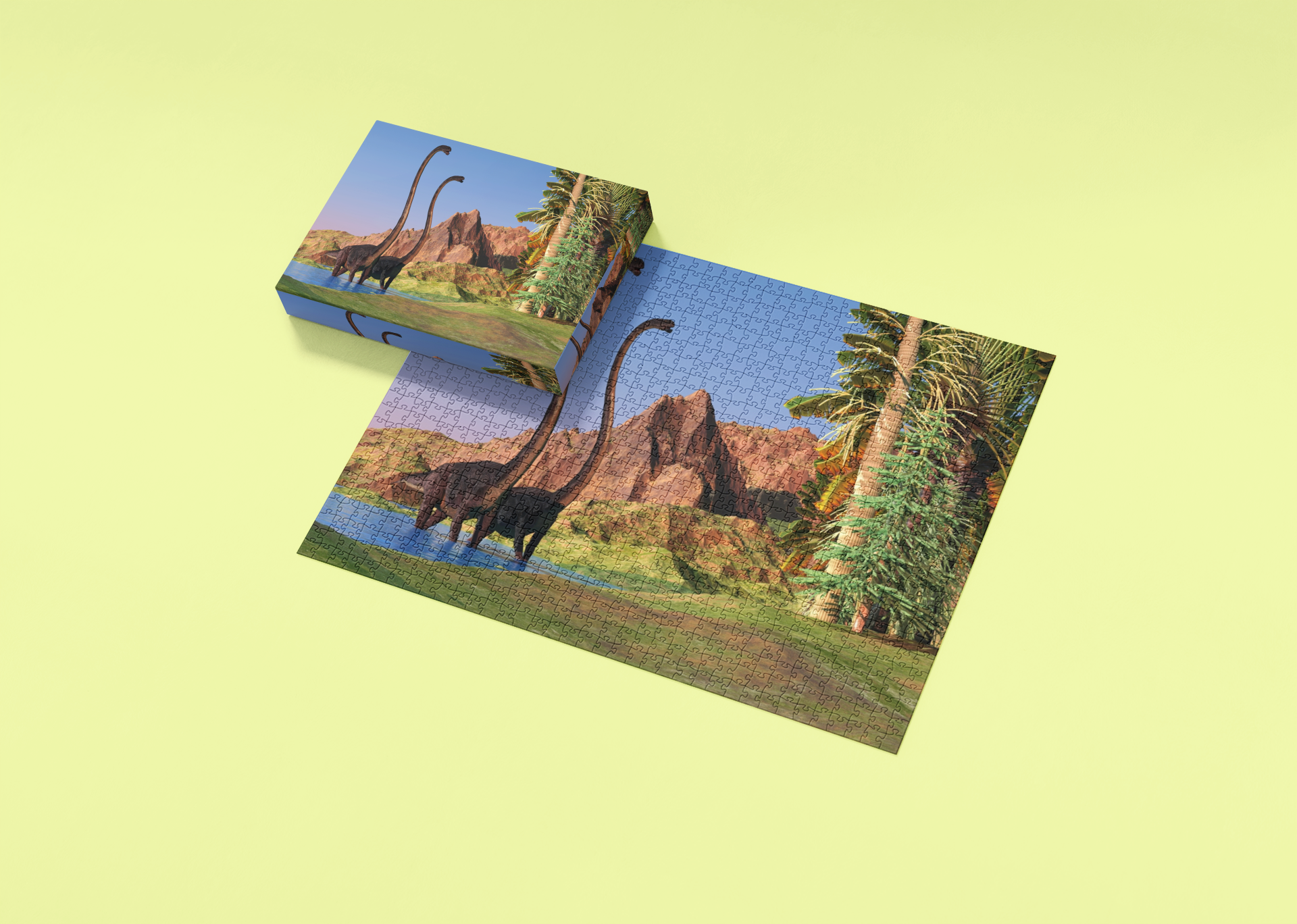 Dinosaur-themed puzzle with a box on a light green background