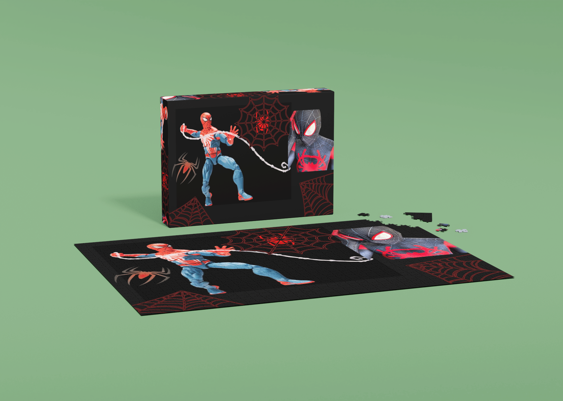 Spider-Man action figures with packaging on a green background