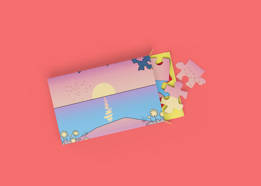 Colorful puzzle with a sunset design on a pink background