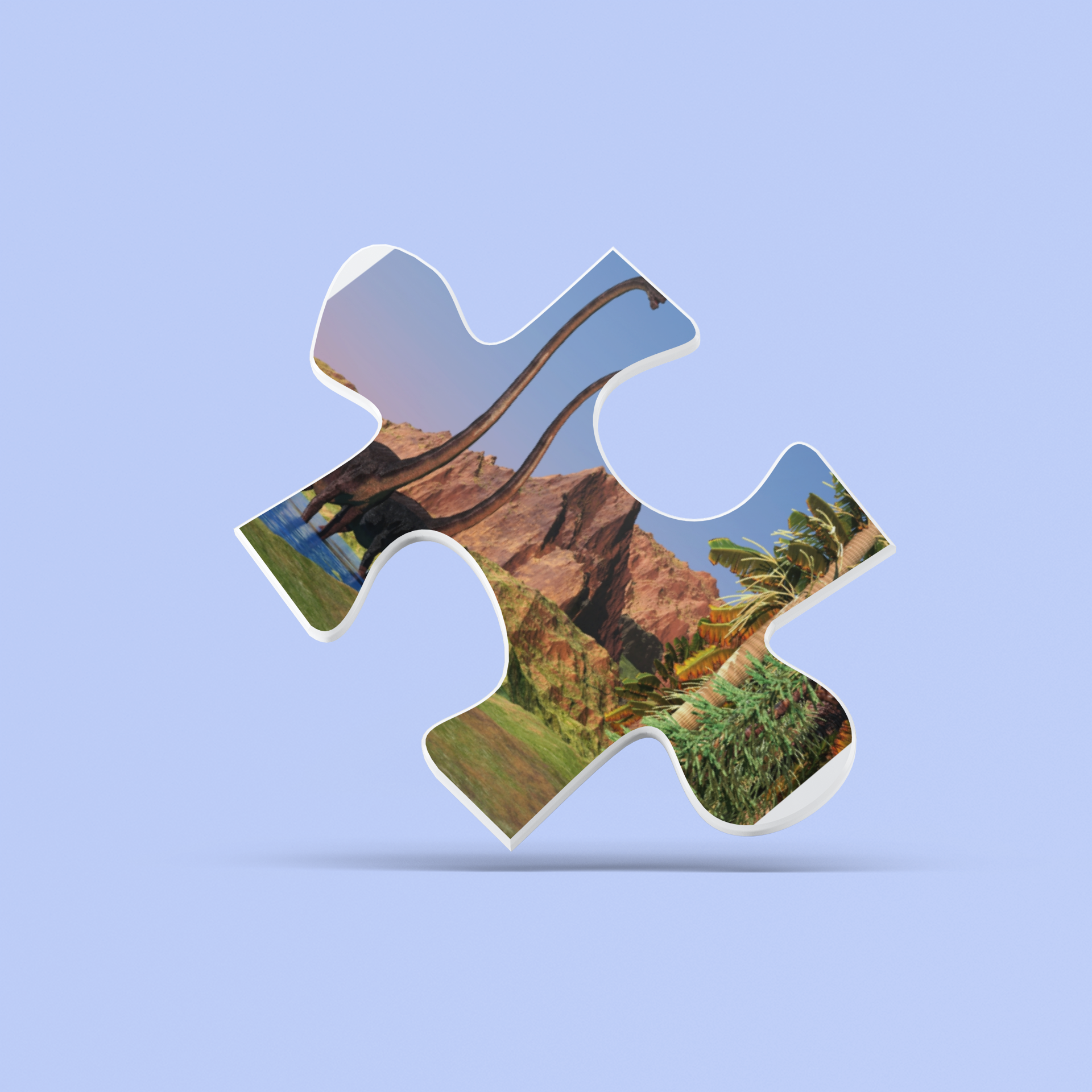 Jigsaw puzzle piece with a scenic landscape on a light blue background