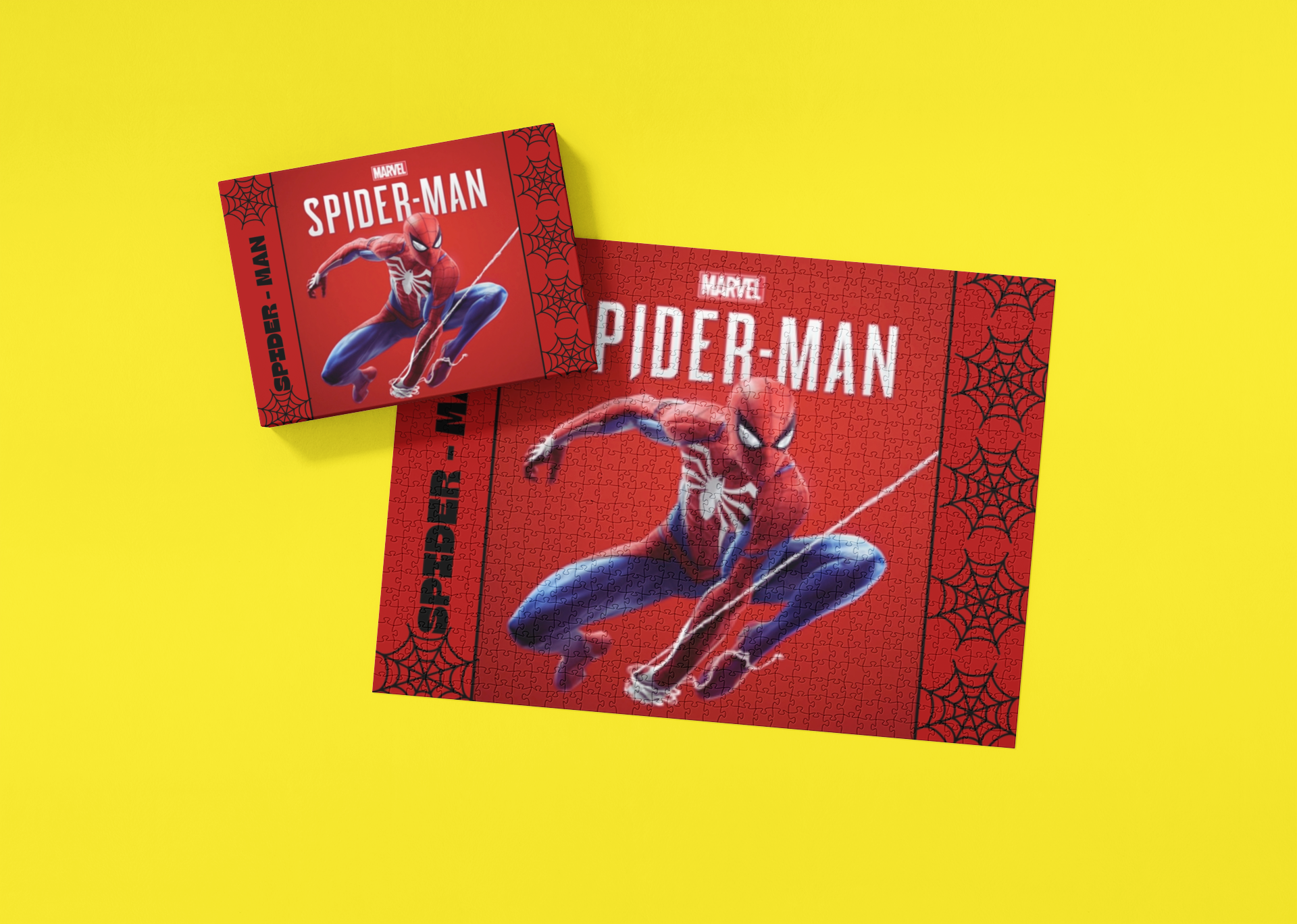 Two Spider-Man-themed packages on a yellow background