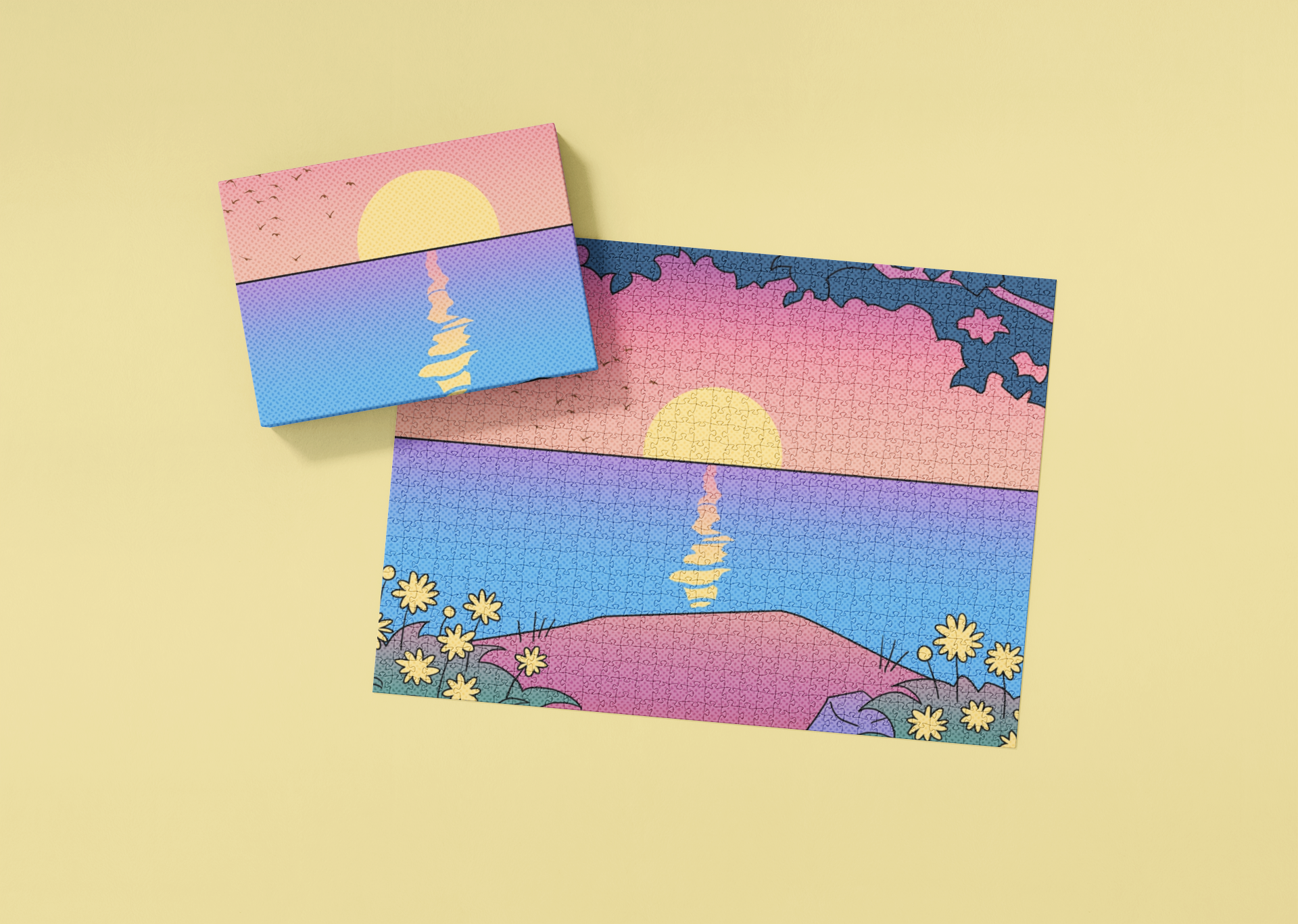 Two colorful landscape-themed puzzles on a yellow background
