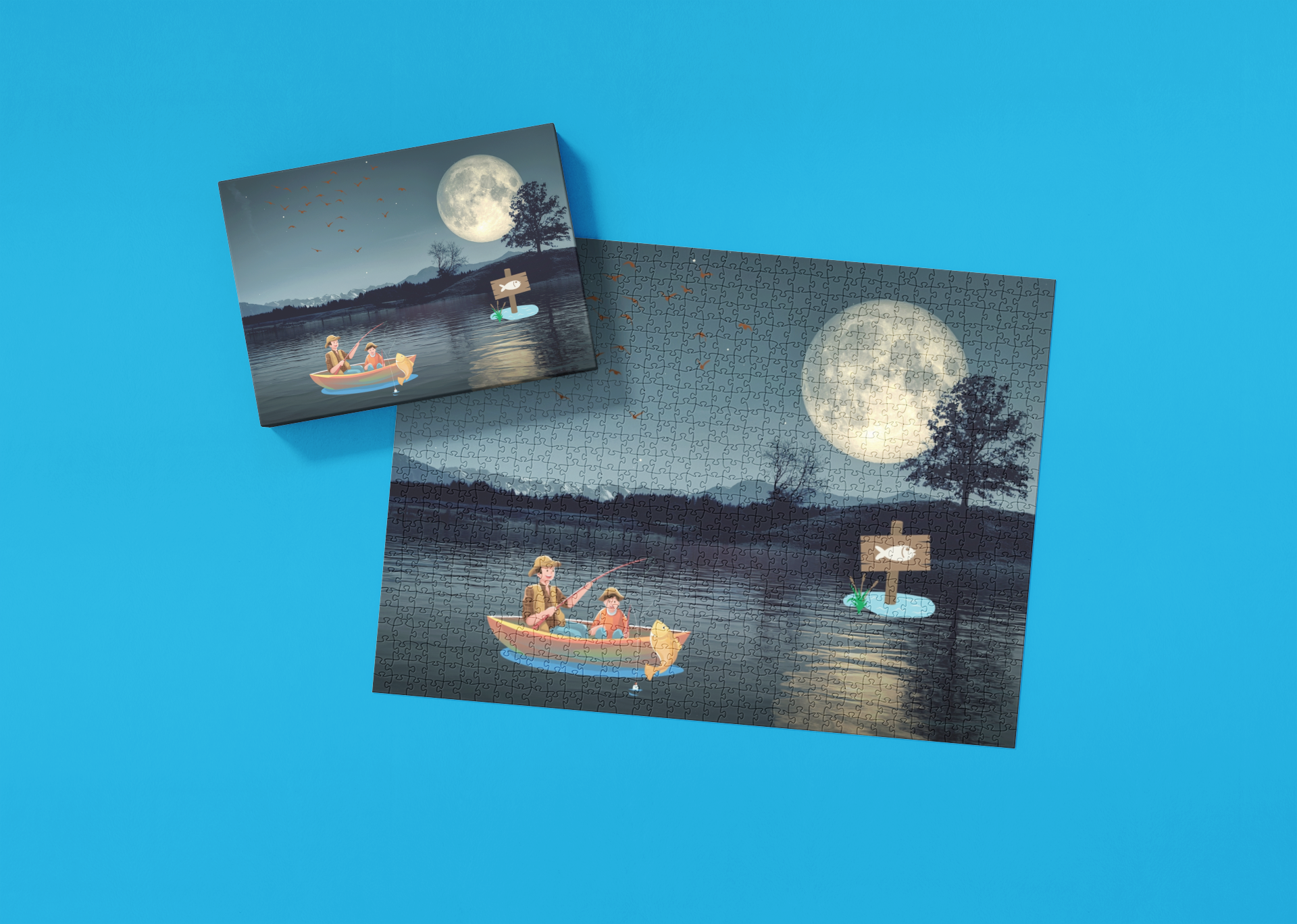 Two puzzle pieces with a night scene of people in boats on a lake under a full moon.