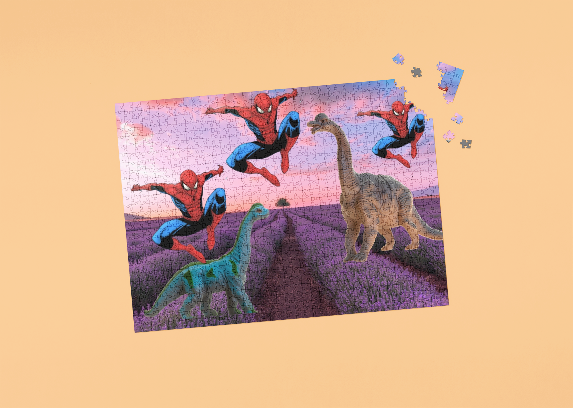 Jigsaw puzzle with Spider-Man and dinosaurs on a pastel background