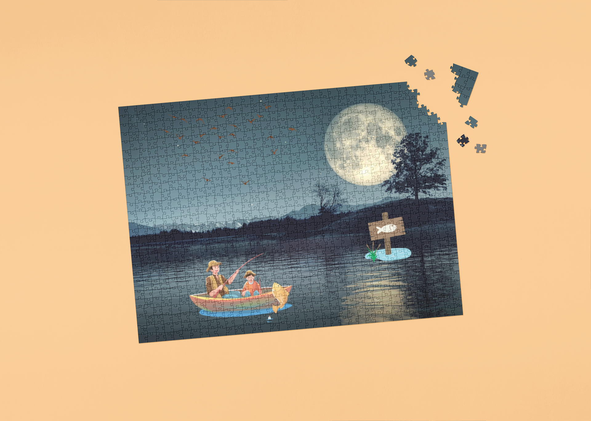 Jigsaw puzzle with a completed section showing a couple in a boat under a moonlit sky on a peach background.