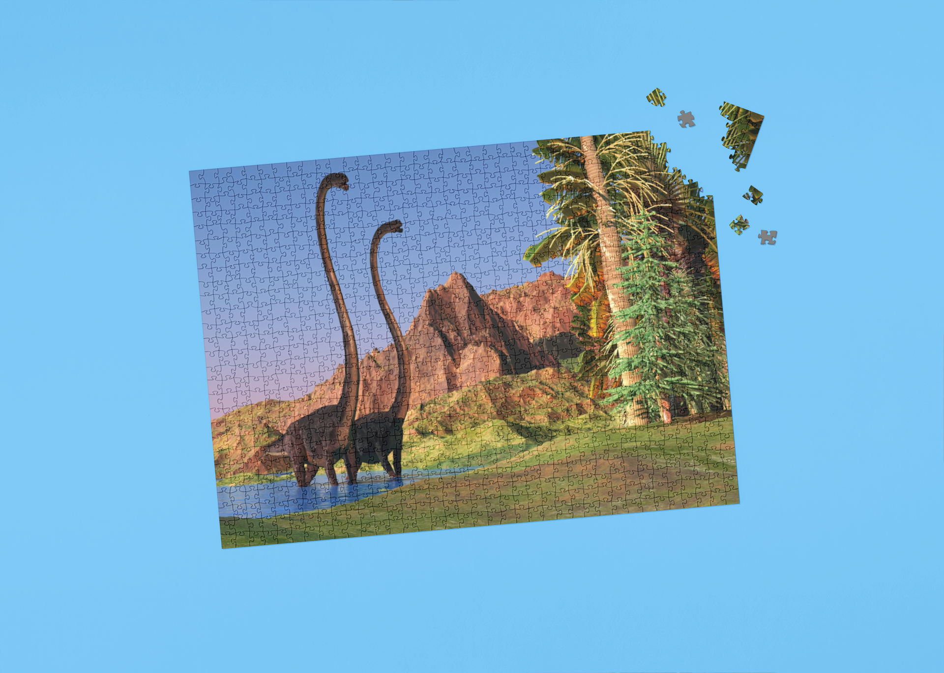 Jigsaw puzzle with dinosaur and landscape design on a blue background
