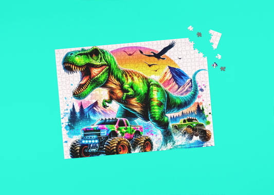 Jigsaw puzzle with a dinosaur design on a teal background
