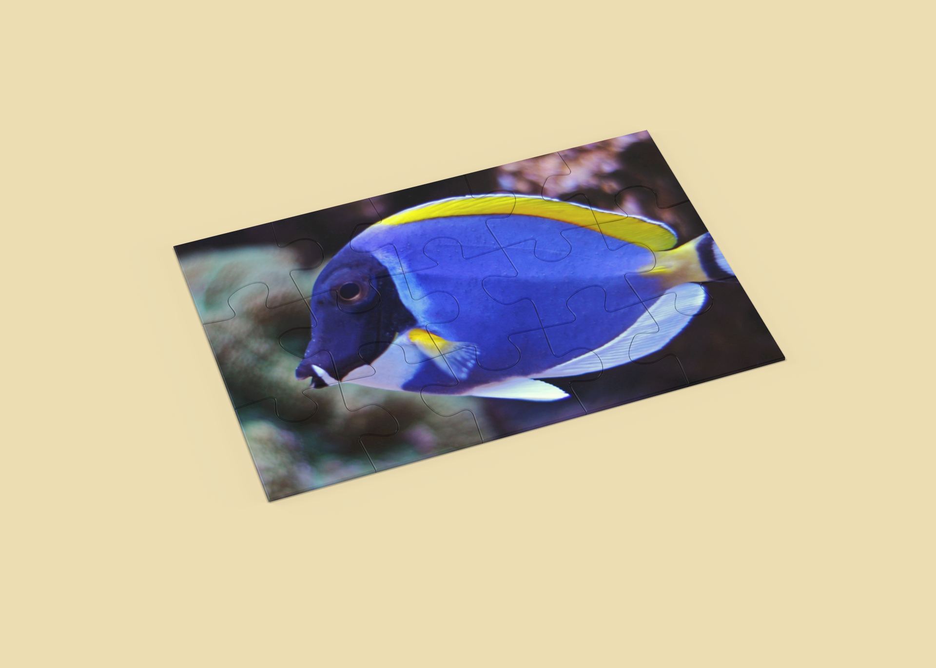 Jigsaw puzzle with a colorful fish design on a beige background