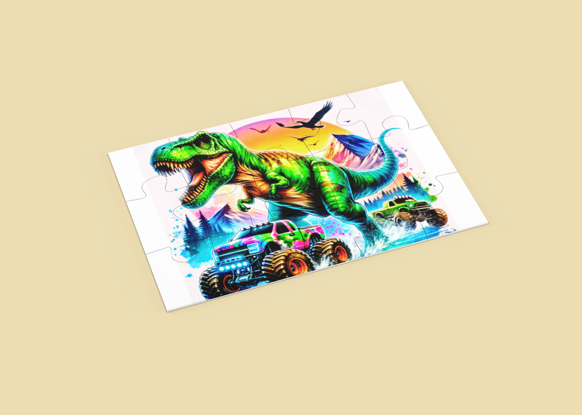 Colorful dinosaur and monster truck illustration on a white card with a beige background